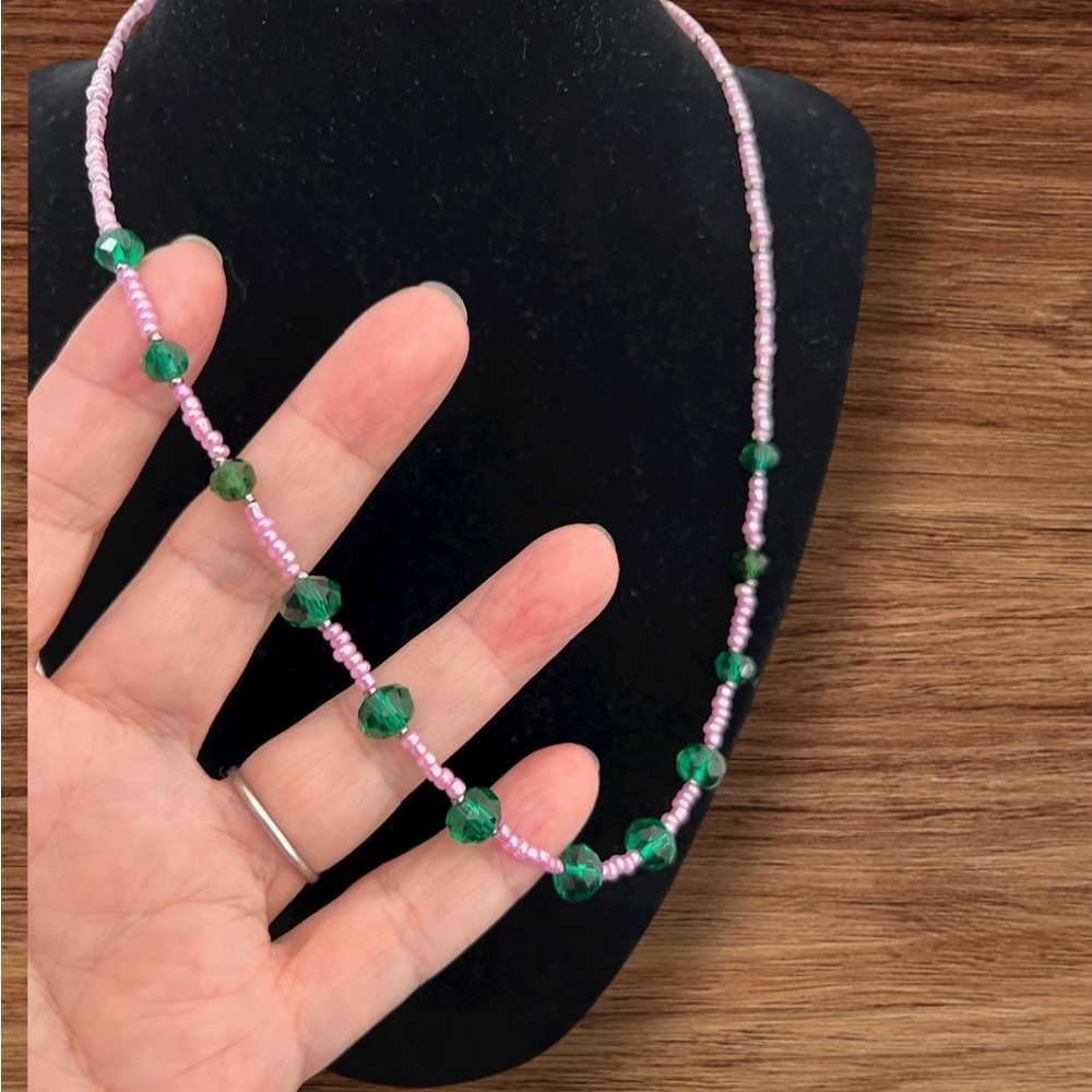 Elegant Pink and Green Beaded Necklace